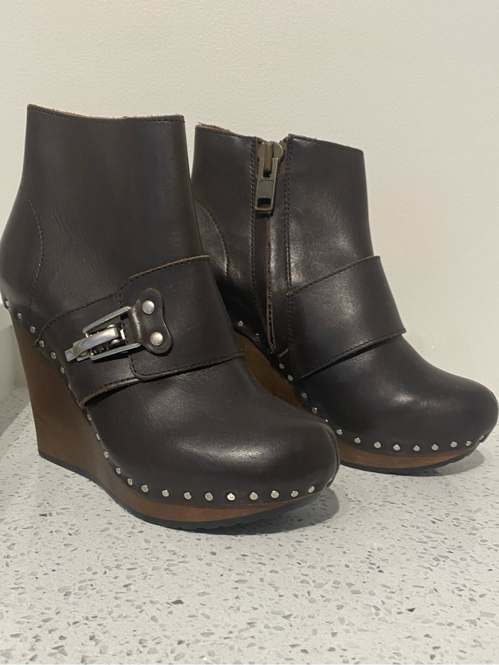 See By Chloé Dark Brown Wedge Ankle Boots with Stud and Buckle (only worn once)